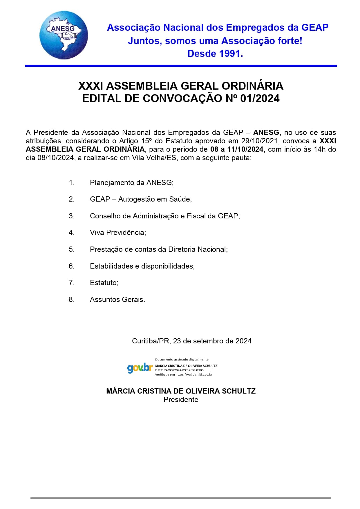 XXXI ASSEMBLEIA GERAL ORDINÁRIA EDITAL DE CONVOCAÇÃO Nº 01/2024